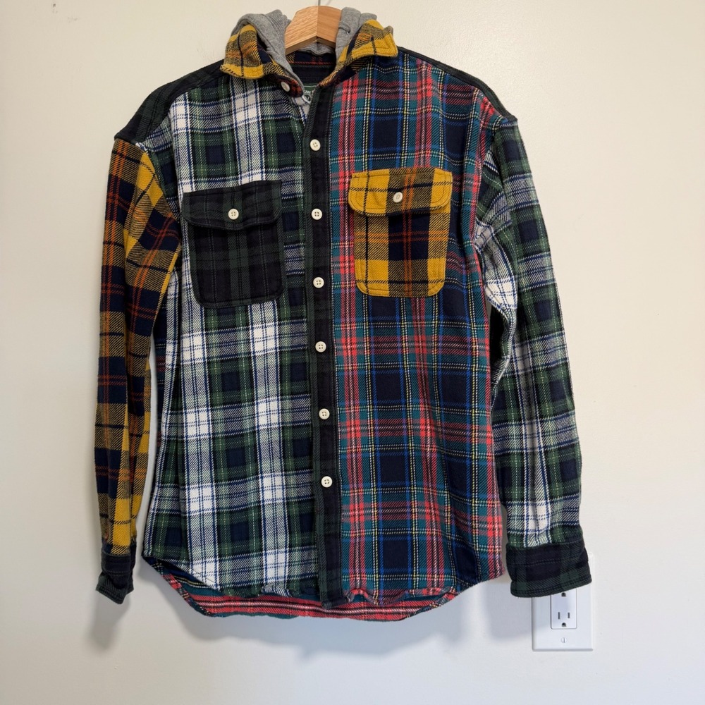 American Eagle Patchwork Hooded Flannel Shirt Unisex XS Multicolor Grunge